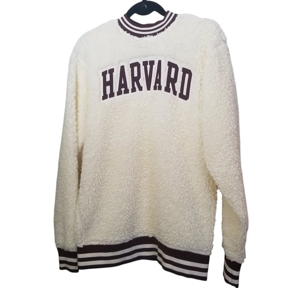 Champion Harvard Men's Sherpa Crew Neck Academia Cream Burgundy Sweater Sz S